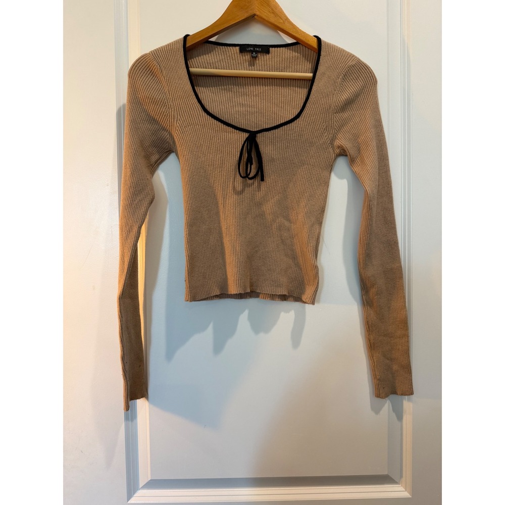 Love Tree Womens Ribbed Knit Scoop Neck Tie Front Long Sleeve Sweater Tan Medium